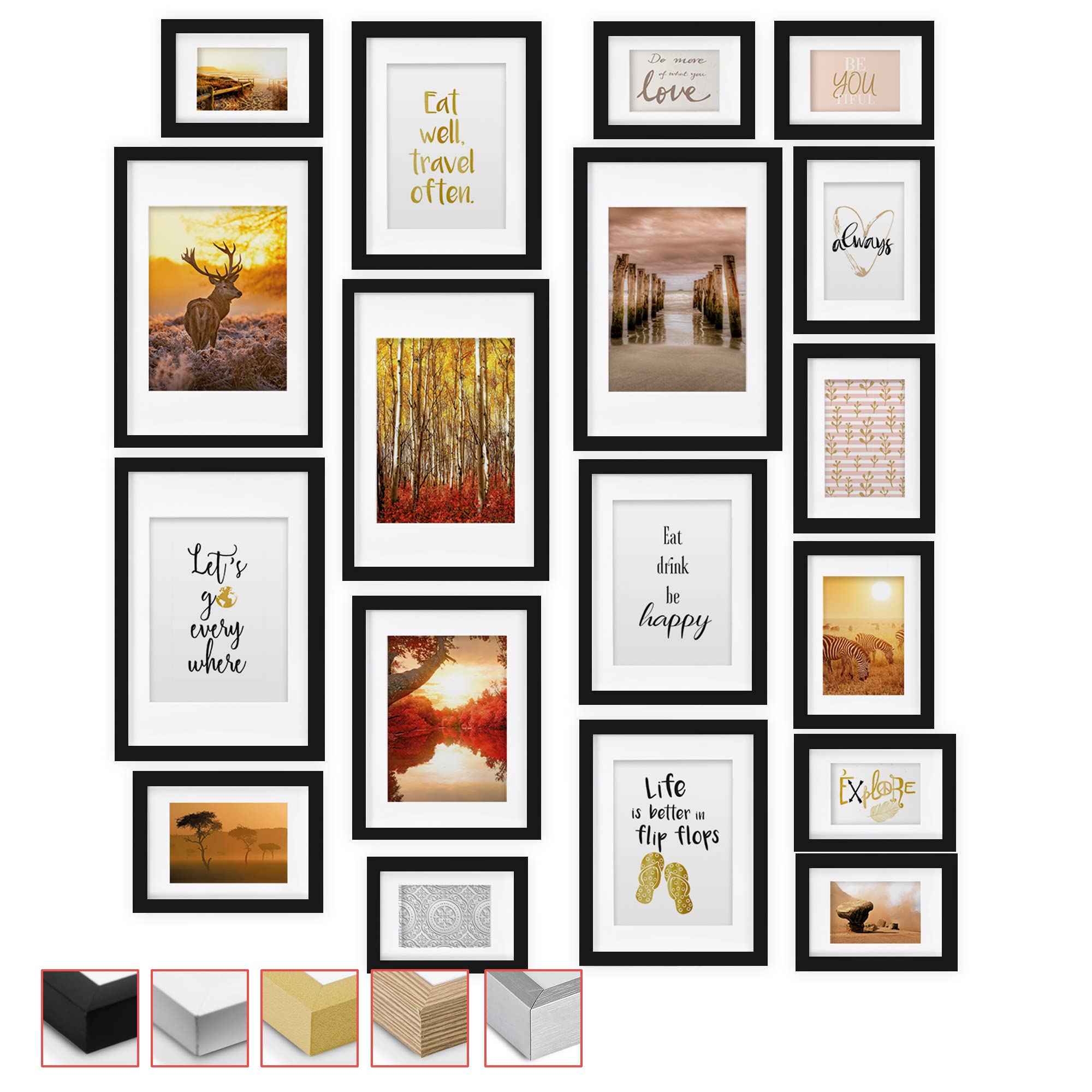 bomoe 18pcs Black Picture Frames 6x4 (6x), 7x5 (4x), 9x7 (4x), 12x8 (4x) - Hanging Wooden Photo Frame Wall Collage Set with Passepartout