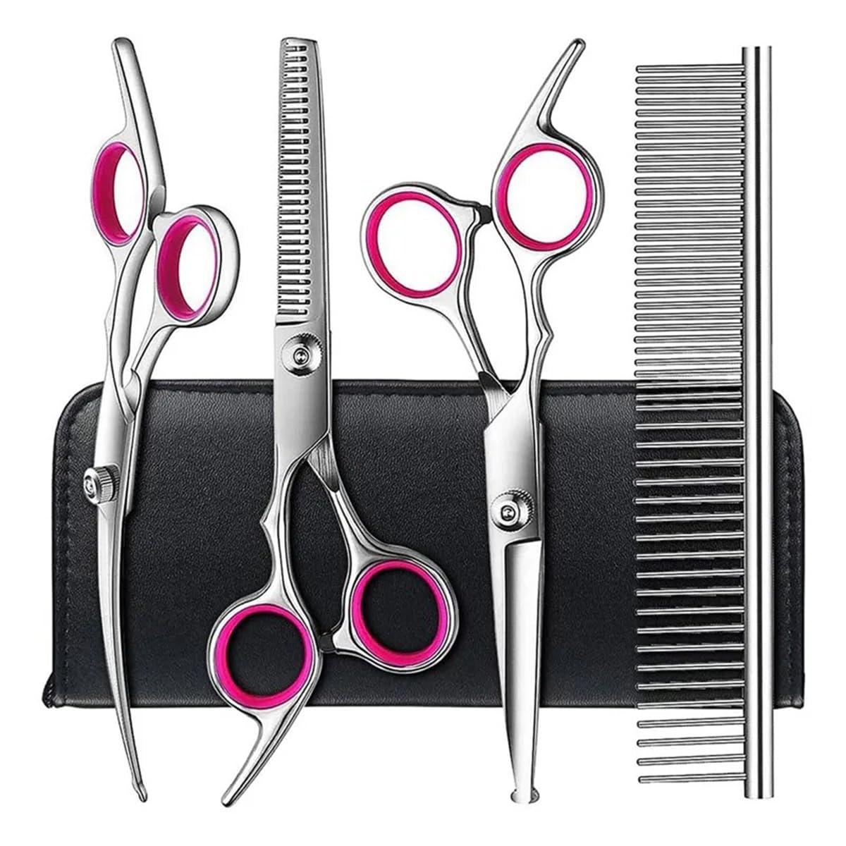 Dog Grooming Scissors, 5Pcs 6-Inch Professional Stainless Steel Titanium Coated Stainless Steel Dog Grooming Kit, Straight/Curved Shears Dogs Scissors Set with Case & Comb, Pink