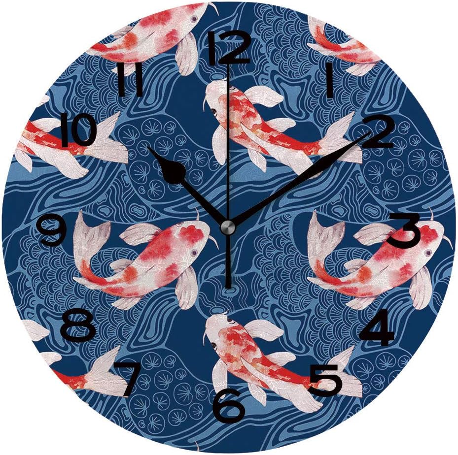 AmaUncle Round Wall Clock Watercolor Koi Fish Seamless