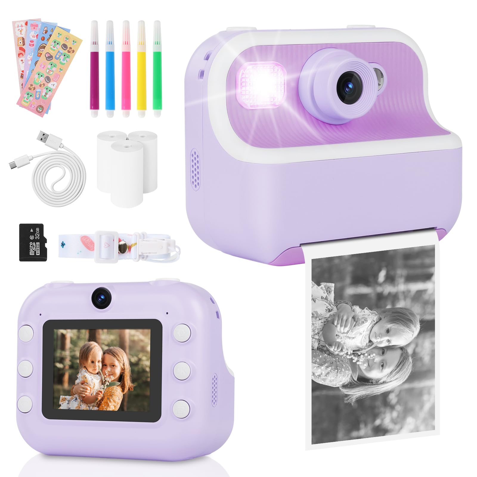 Kids Camera Camera Instant Print for Girls Boys With Print Photo Paper & Color Pens for DIY, Gifts for 3 4 5 6 7 8 9 10 Year Olds Girls Boys, 32Gb Sd Card -Purple