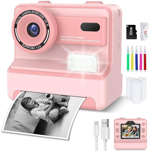 Kids Camera Instant Print, Instant Camera with 1080P Videos,Selfie instant print camera with 3 Rolls Print Paper & 32GB SD Cards, Christmas Birthday Gifts for Girls Age 3-12 (Pink)
