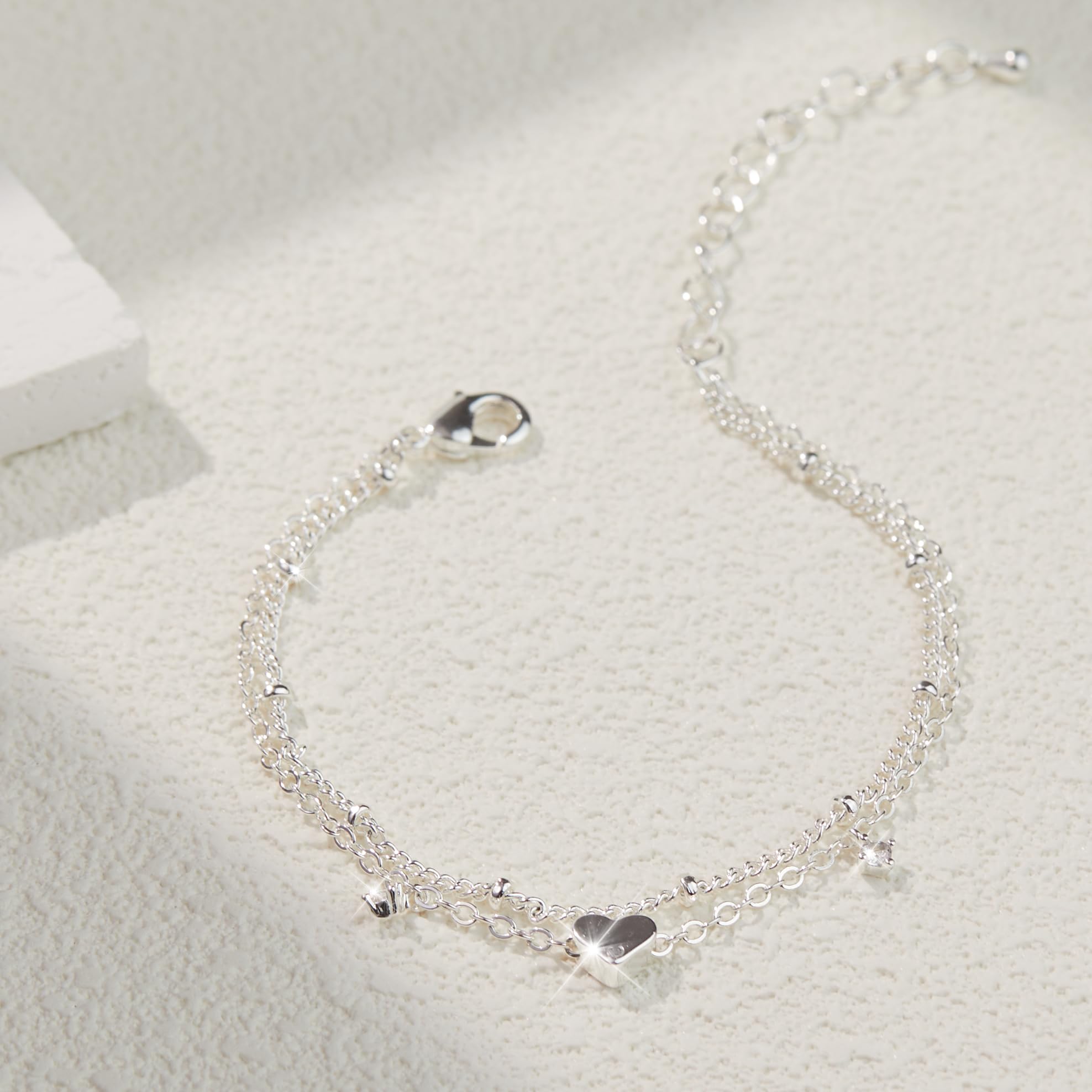 Poxtex Sterling Silver Anklet Bracelets for Women Waterproof, 925 Sliver Plated CZ & Heart Charm Dainty Layer Anklets for Women Trendy, Simple Chain Anklets Set Gifts for Women, Jewelry Gifts for Her Women Mom Wife Girlfriend