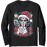 Christmas Sugar Skull Art Woman Santa Hat Festive Design Long Sleeve T-Shirt