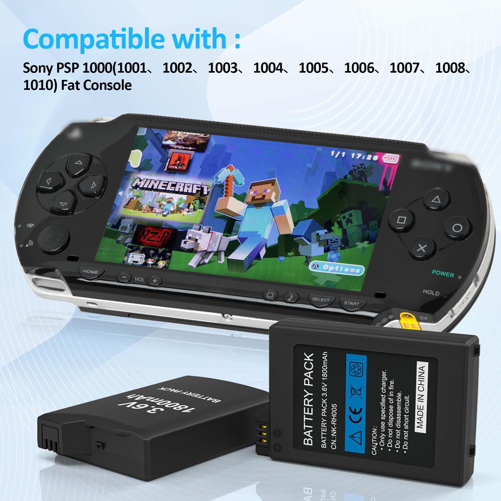 PSP Battery, 2Pcs 3.6v 1800mAh Lithium Polymer Replacement Batteries with USB Charging Cable for PSP 1000 1001, PSP-110 (1002, 1003, 1004, 1005, 1006, 1007, 1008, 1010), PSP Fat Console