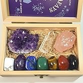 Atminafays Large Premium Crystals and Healing Stones in Wooden Gift Box + Velvet Pouch + 7 Chakra Tumbled Gemstones+Info Guid