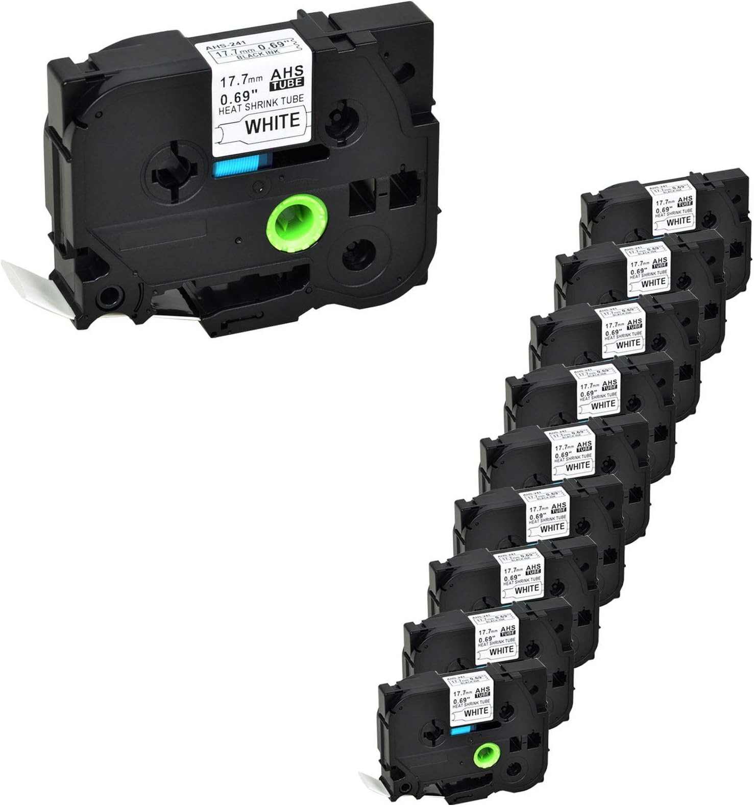 NineLeaf 10 Roll Black on White Heat Shrink Tubes Label Tape Compatible for Brother HSe-241 HSe241 HS241 HS-241 use for P-Touch PT300 ST1150 PT1750 Label Maker - 17.7mm (0.69inch) x 1.5m (4.92ft)