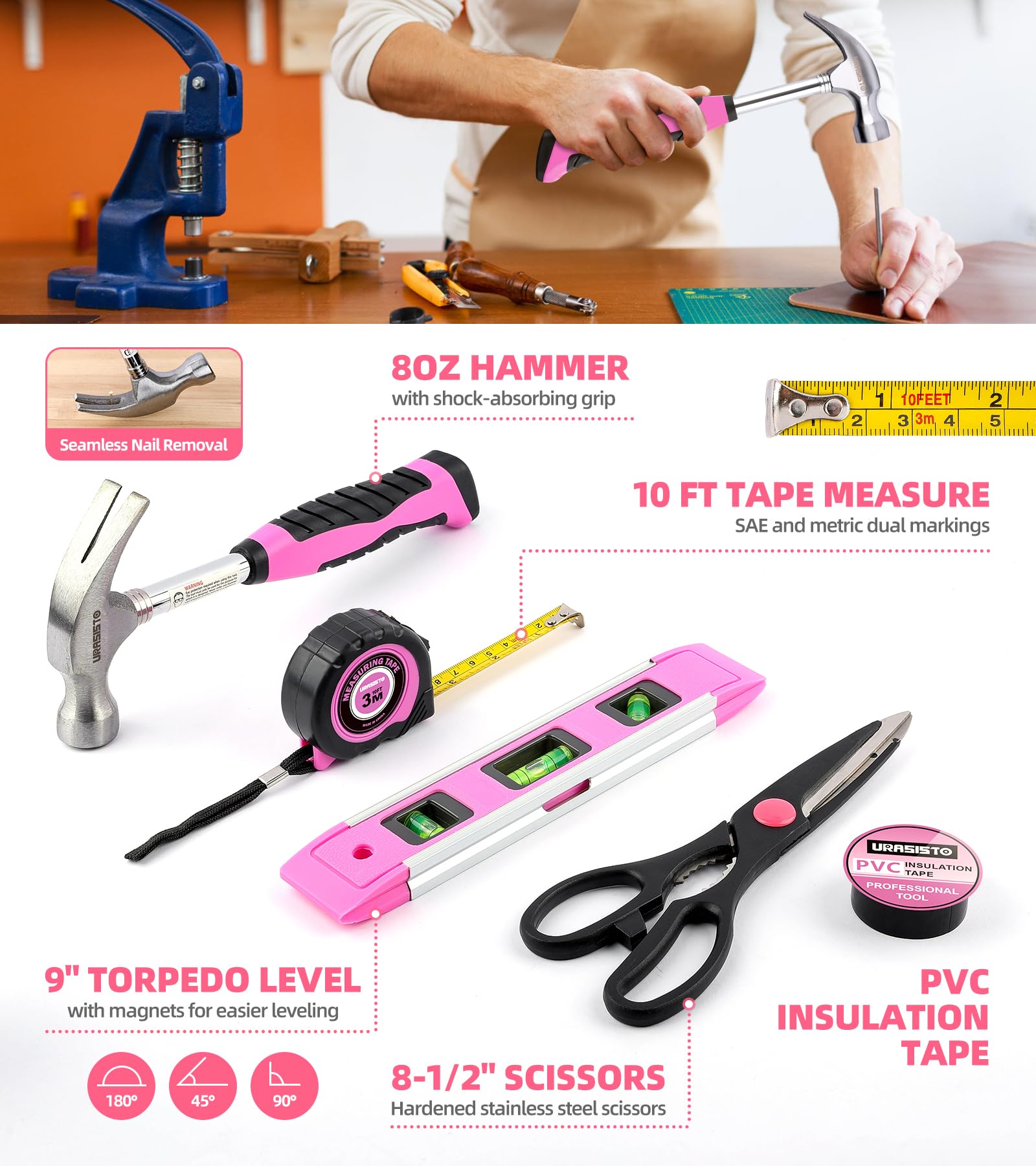 Pink Household Tool Set with 3.6V USB Electric Screwdriver, 136 PCS Home Tool Kit with Cordless Lithium-ion Drill Driver, Hand Tool Kits for Women