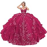 TRHTX Princess Layered Tulle Quinceanera Dresses Spaghetti Straps Ball Gown Glitter Lace Sweet 16 Dresses