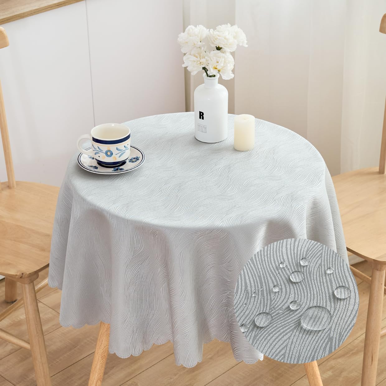 SPRICA Round Jacquard Tablecloth 120cm Water Resistance Solid Colour Table Cover, Water Ripples Pattern Design, Machine Washable, Diameter 120cm, Middle Grey — image 1