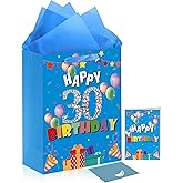 30th Birthday Gift Bag, Happy 30th Birthday Bag with Tissue Paper and Greeting Card, Gift Wrap Bag for Men Women, Medium Gift Bags for Party Supplies (30th)