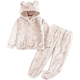 Flygo Girls Fuzzy Pants Set Crop Hoodie Bear Ear Two Piece Outfits Fluffy Sweatshirt and Fleece Pants Sweatsuit