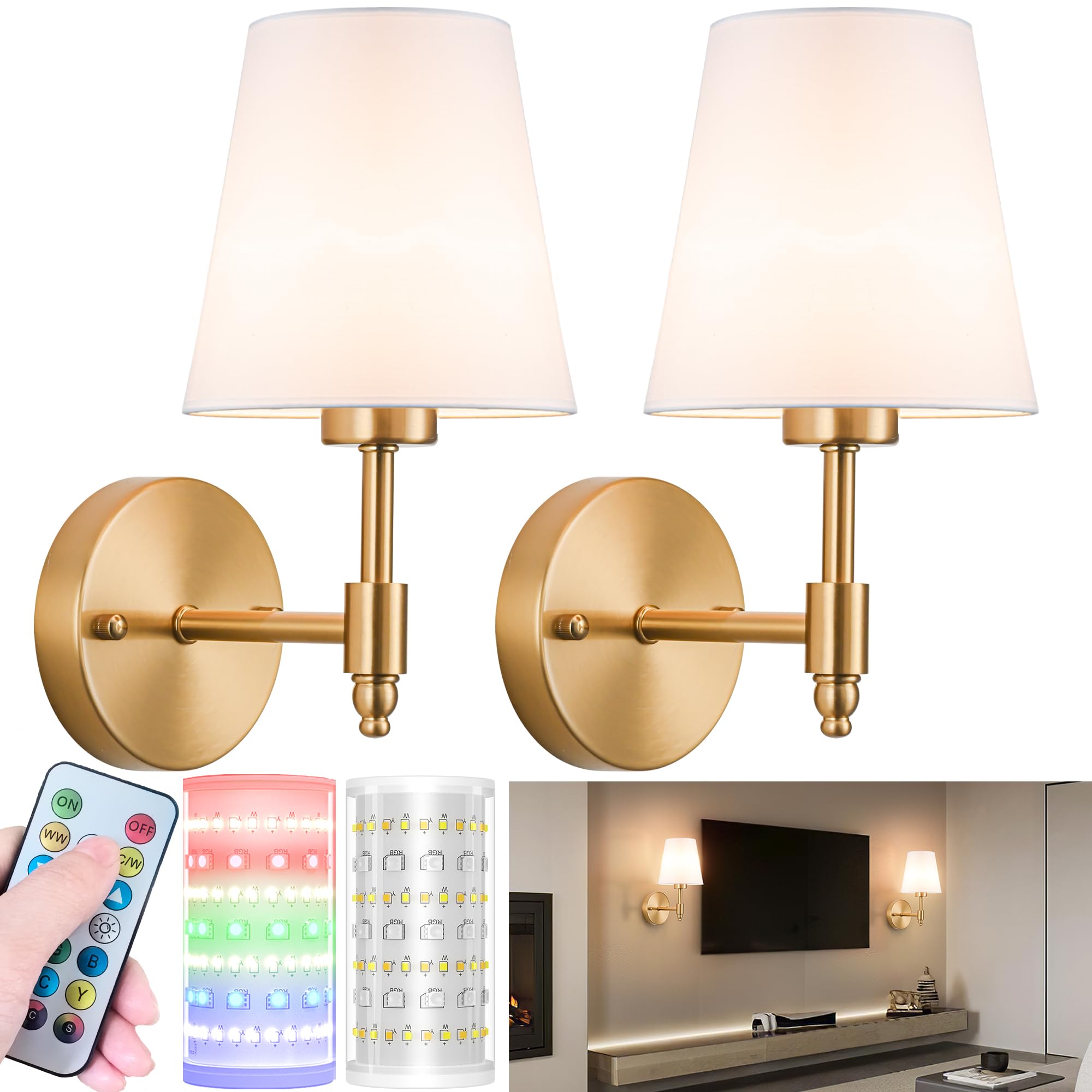 Photo 1 of Nekhung Battery Operated Wall Sconces Set of Two, Wireless Battery Wall Light with 10000mAh RGB Dimmable Magnetic Bulb, Rechargeable Wall Sconce with Remote for Bedroom, No Electrician Required