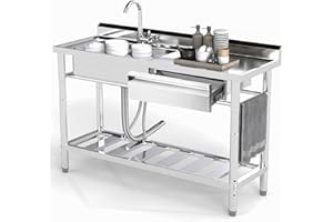 Toemics Stainless Steel Utility Sink, 47.2'' Free Standing Single Bowl Kitchen Sink with Cold and Hot Water Pipe, Right Drawer, Indoor and Outdoor for Laundry Room Farmhouse Kitchen(47.2 inch)