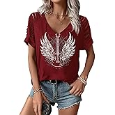 BOVANXU Retro Cowboy Graphic T Shirt Rock Band T-Shirt for Women Country Music Short V Neck Casual Tops Cowgirl Outfits
