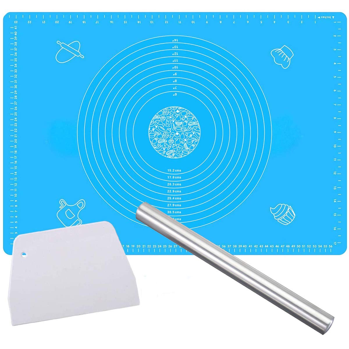 QAQGEAR Dough kneading Kit, Pastry Mat, Silicone Baking Mat with Measurement Fondant Mat, Non-slip, Non-stick(with Stainless Steel Rolling Pin and Pastry Scraper)