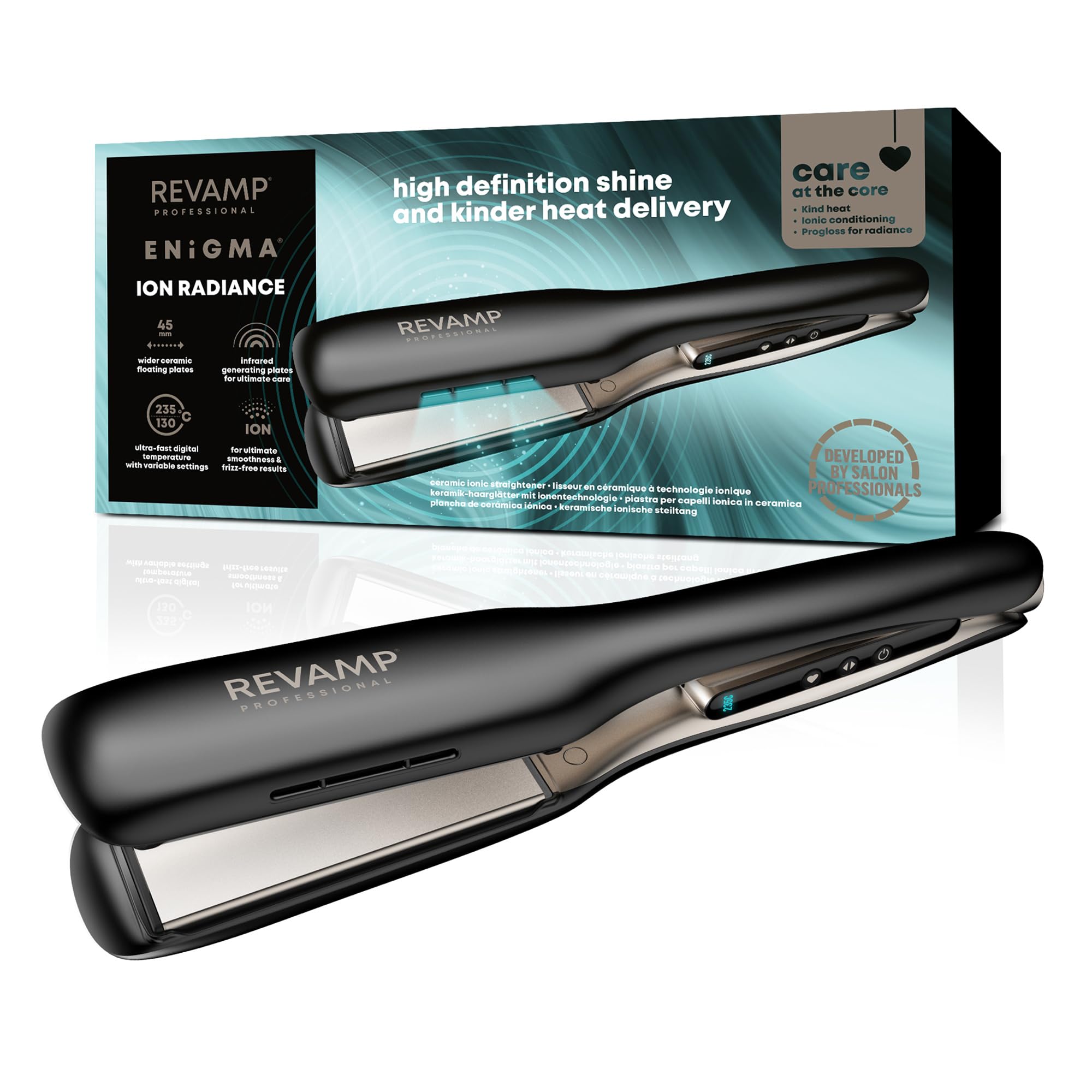 REVAMP Enigma Tri-Care Infrared Ionic Wide Hair Straightener - Extra-Wide Plate Straighteners for Kind, One Stroke Styling, Curved Design for Waves, Curls - Professional Ceramic Hair Straightener