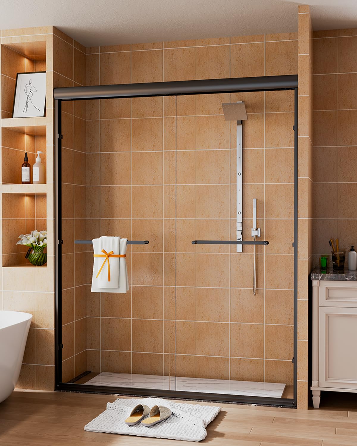 View 1 of ***For parts**Sliding Shower Door 56-60" W x 72" H, Bathroom Sliding Door,Double Sliding Glass Shower Door, 1/4-Inch (6mm) Clear Tempered Glass, Easy Install Frameless Shower Doors for Walk-in Shower (Matte Black)