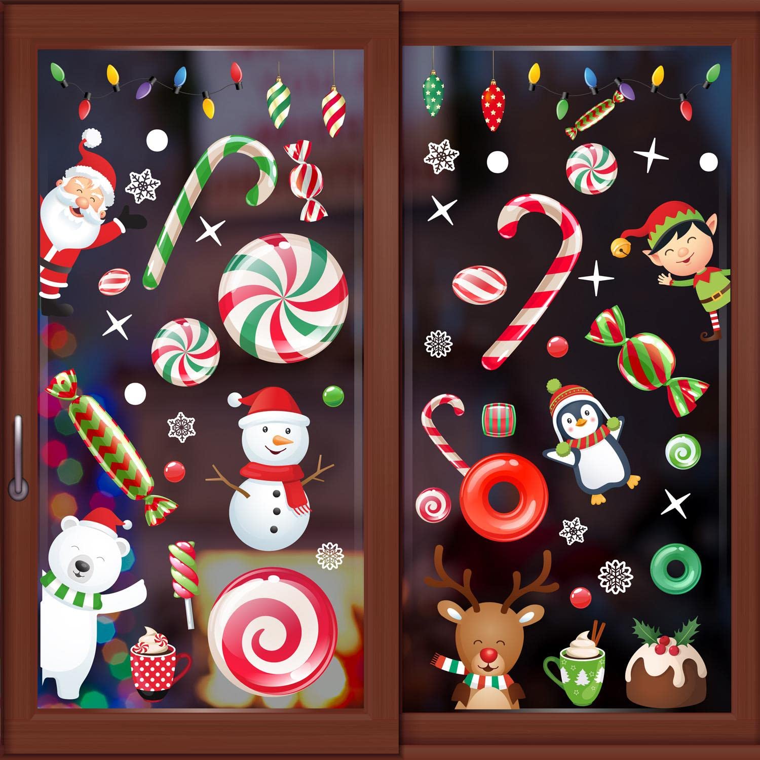 WALPLUS Window Christmas Stickers Double Sided Xmas Window Stickers Removable Christmas Window Stickers Reusable Candy Winterland with Friends Xmas Decorations 110 PCS