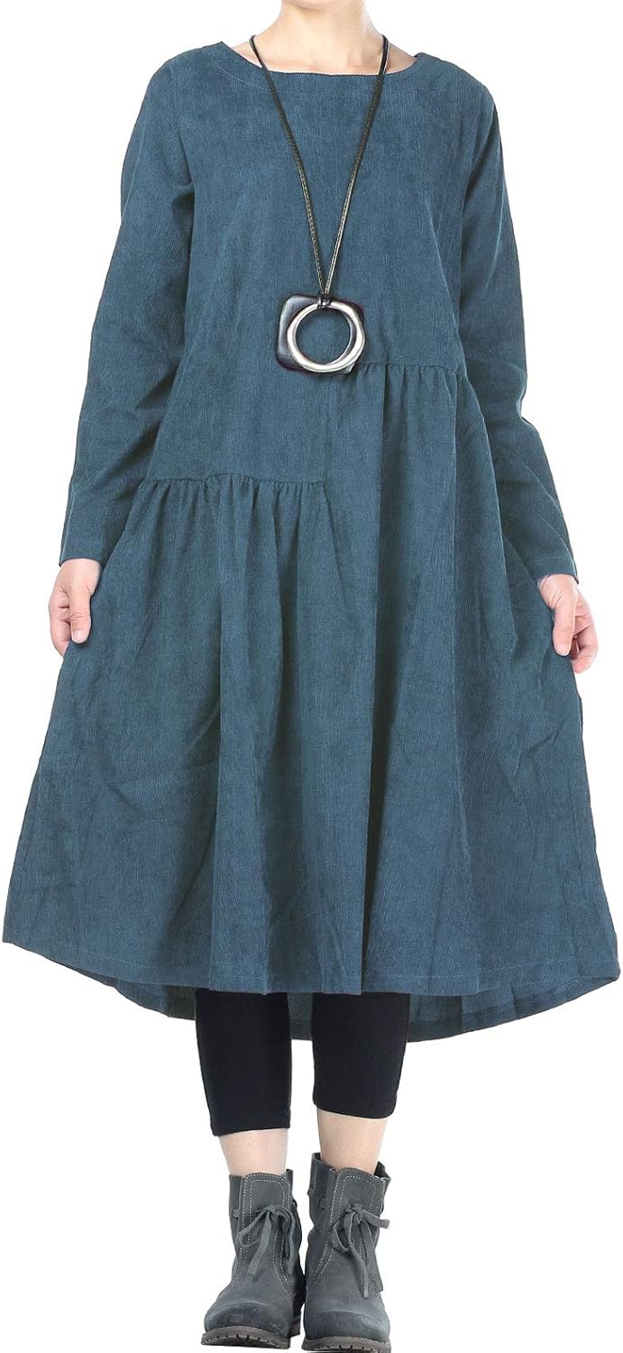 Mordenmiss Women’s Corduroy Pleated Dresses Swing Long Sleeve Dress with Pockets at  Women’s Clothing store