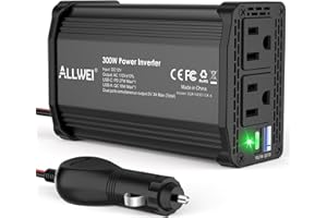 ALLWEI 300W Power Inverter 12V DC to 110V AC Car Plug Adapter Outlet Converter with 27W PD USB-C &18W USB-A Fast Charger, Car Cigarette Lighter Adapter for Laptop Tablets Phones - Portable - Black