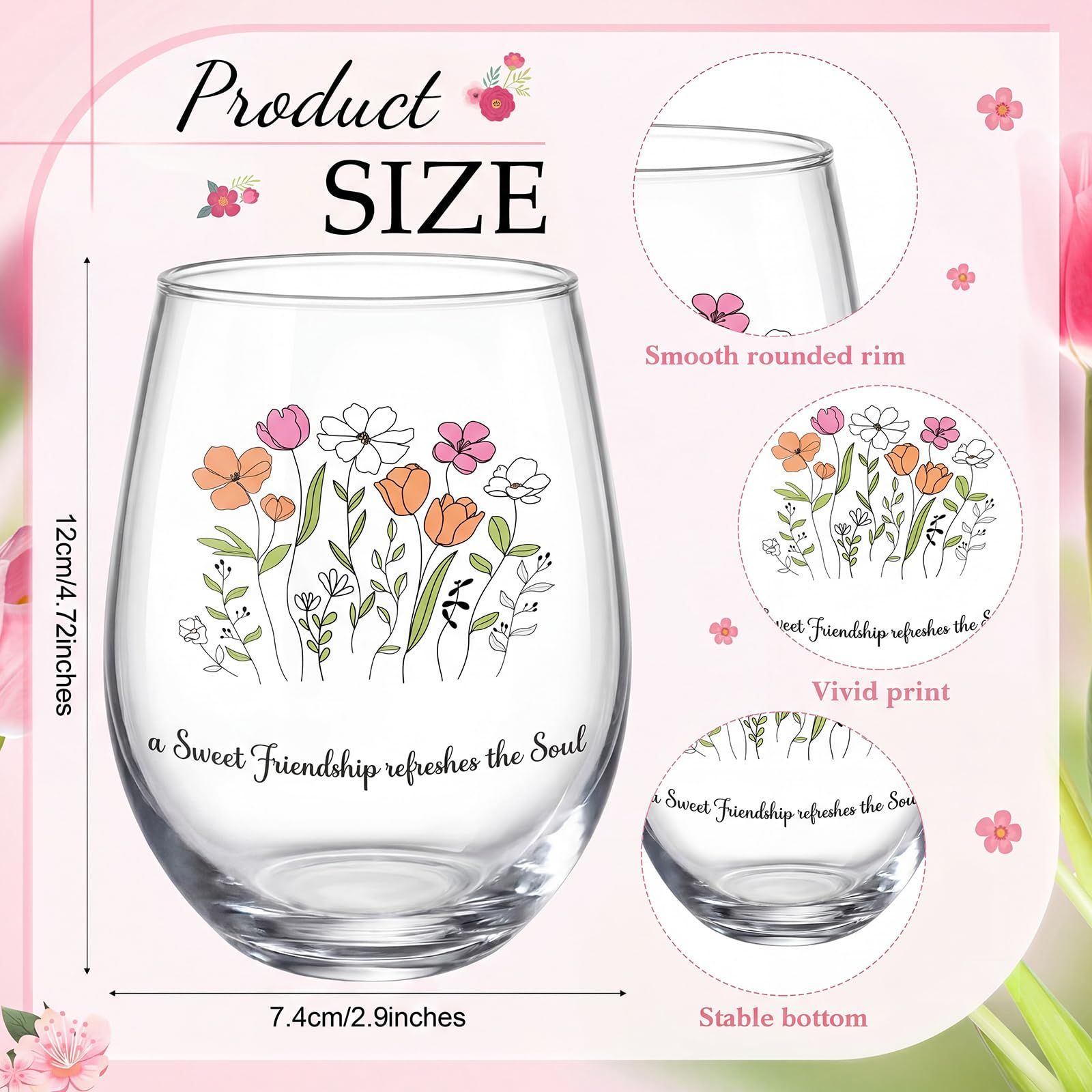 Condition photo showing New/Like New for hushee 4 set inspirational floral wine glass christian gift for women sweet friendship stemless wine glass drinkware religious birthday gift for friend sister mom grandma colleague holiday party decor 4 floral