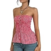 Women Y2k Gingham Tube Top Strapless Backless Plaid Peplum Vest Coquette Bandeau Crop Tank Summer Going Out Top