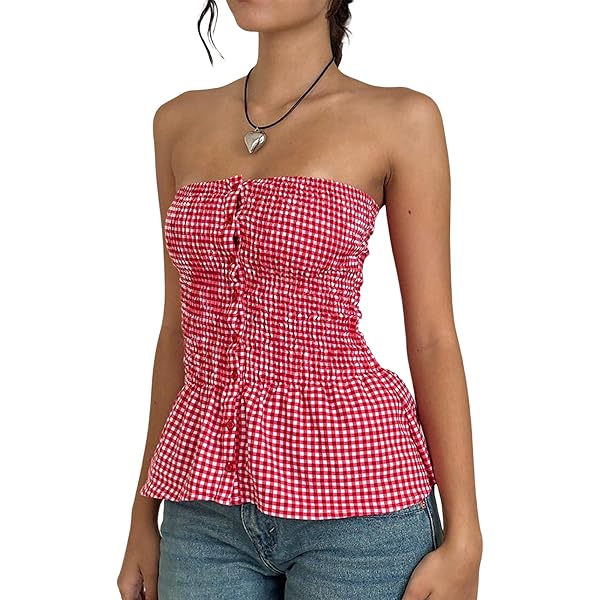 Women Plaid Smocked Peplum Tube Tops Summer Gingham
