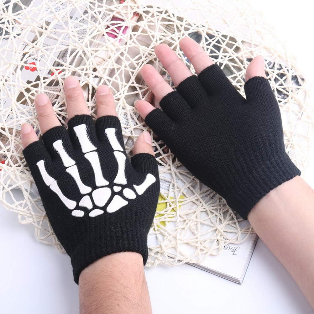 SUMAJU 3 Pairs Kids Halloween Gloves Fingerless Costume Gloves Skeleton