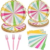 UVTQSSP 96PCS Colorful Party Paper Plates with Gold Scalloped Edge, Colorful Scalloped 9inch 7inch Dessert Paper Plates Party Supplies for Birthday Bridal Shower Picnic, Serve for 24 Guests, Striped