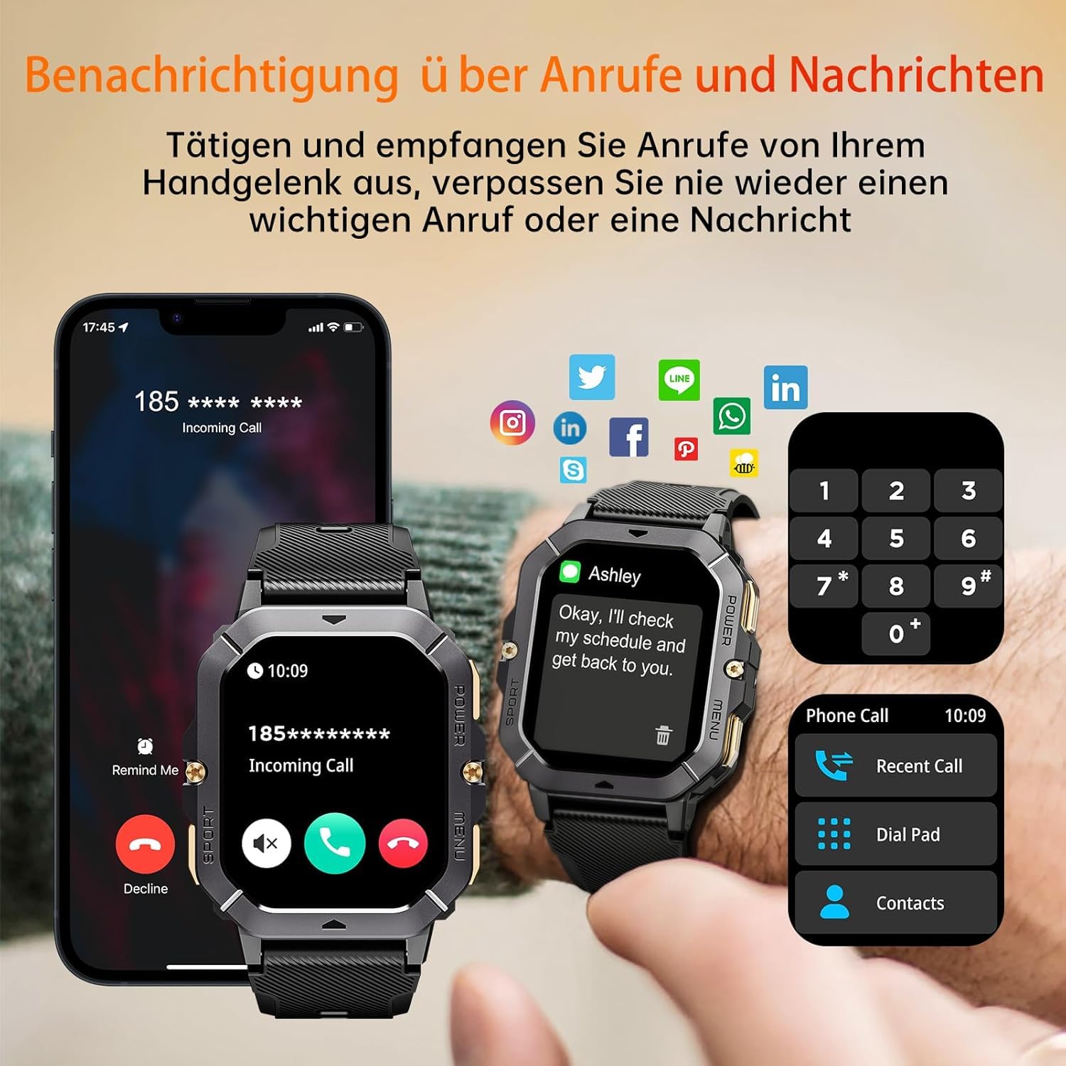 OUKITEL Smartwatch Men's 2.02 Inch Military Fitness Watch with Bluetooth Calls, Rugged Smart Watch Waterproof 410 mAh Sleep 100+ Sports Mode Pedometer for Android iOS