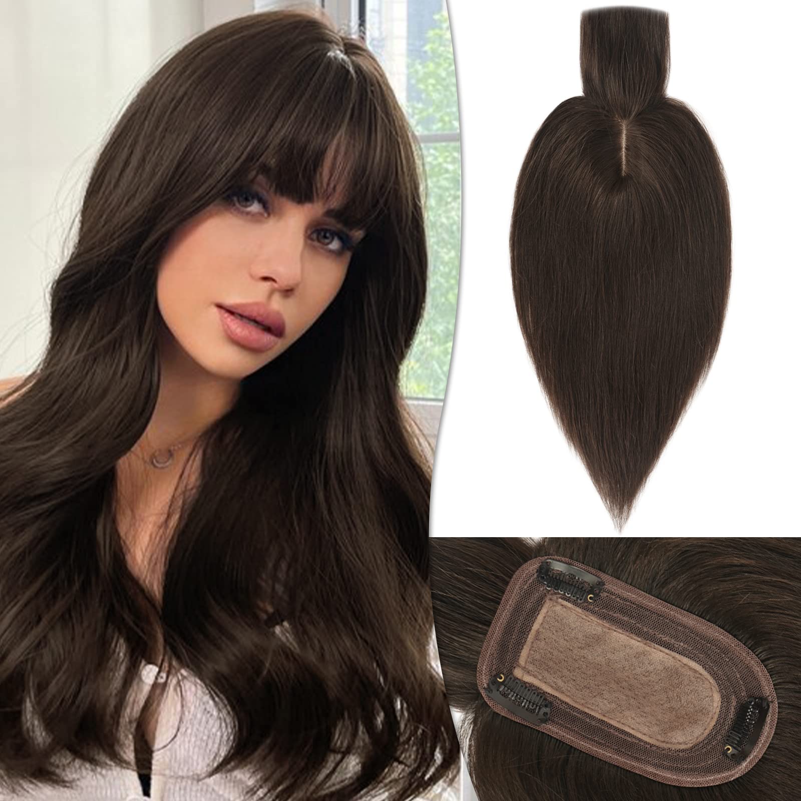 RUWISS Human Hair Topper with Bangs Crown Topper Hair Pieces for Women Short Wiglet Topper for Thinning Hair 7.5 * 13CM Silk Base 100% Real Human Hair Clip in Topper 12Inch 40g（Dark bown）