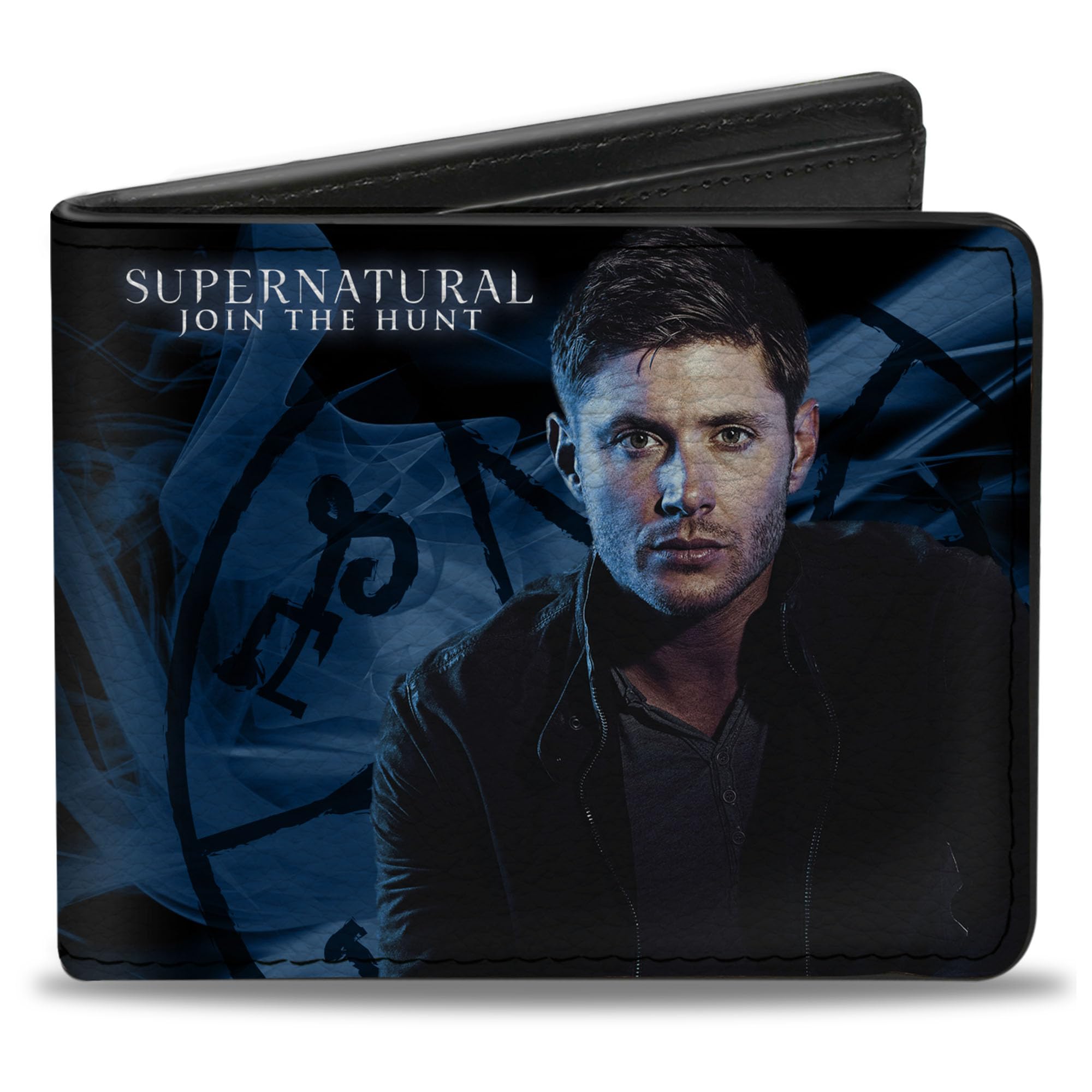 Buckle-Down mens Pu Bifold, Multicolor, 4.0" x 3.5", Pu Bifold Wallet - Supernatural Dean Pose2/Join the Hunt Blues/White