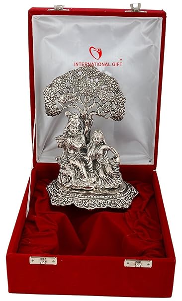 International Gift Silver Radha Krishna God Idol Statue Oxidized Finish with Luxury Velvet Box Packing (Showpiece, Statue Decor Gift, Showpiece, Great Idea for Gift)
