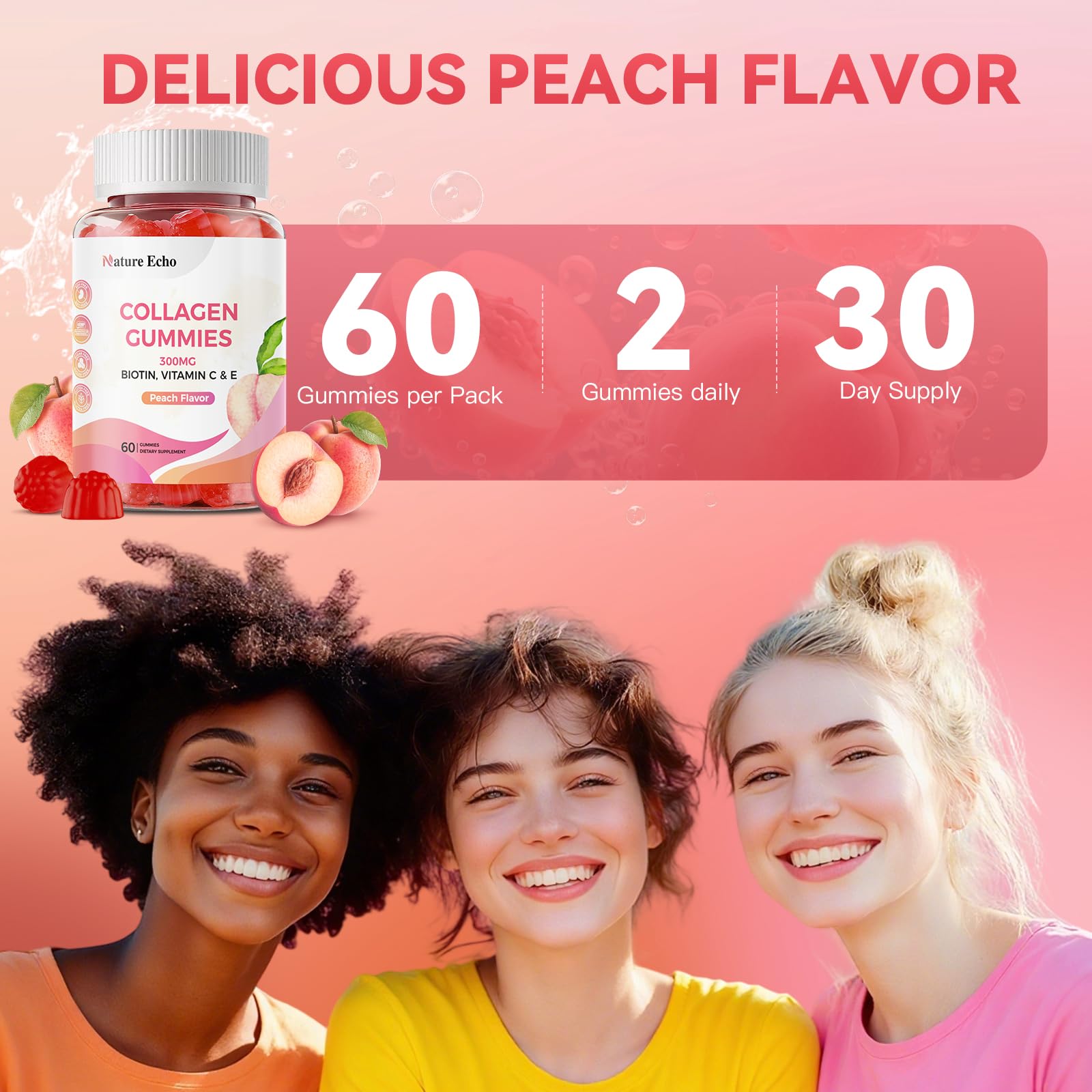 Nature Echo Collagen Gummies with Biotin, Vitamin C & E, 300mg Hydrolyzed Collagen Peptides for Hair, Skin & Nail Support, Peach Flavor, Sugar Free, Gluten Free, 30 Day Supply