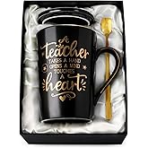 Best Teacher Appreciation Gifts for Men Women, 14oz Unique Black Ceramic Teacher Coffee Mug with Gold Print, Valentine Presents for Teachers Graduation Retirement, with Lid Spoon Card, Nice Gift Boxed