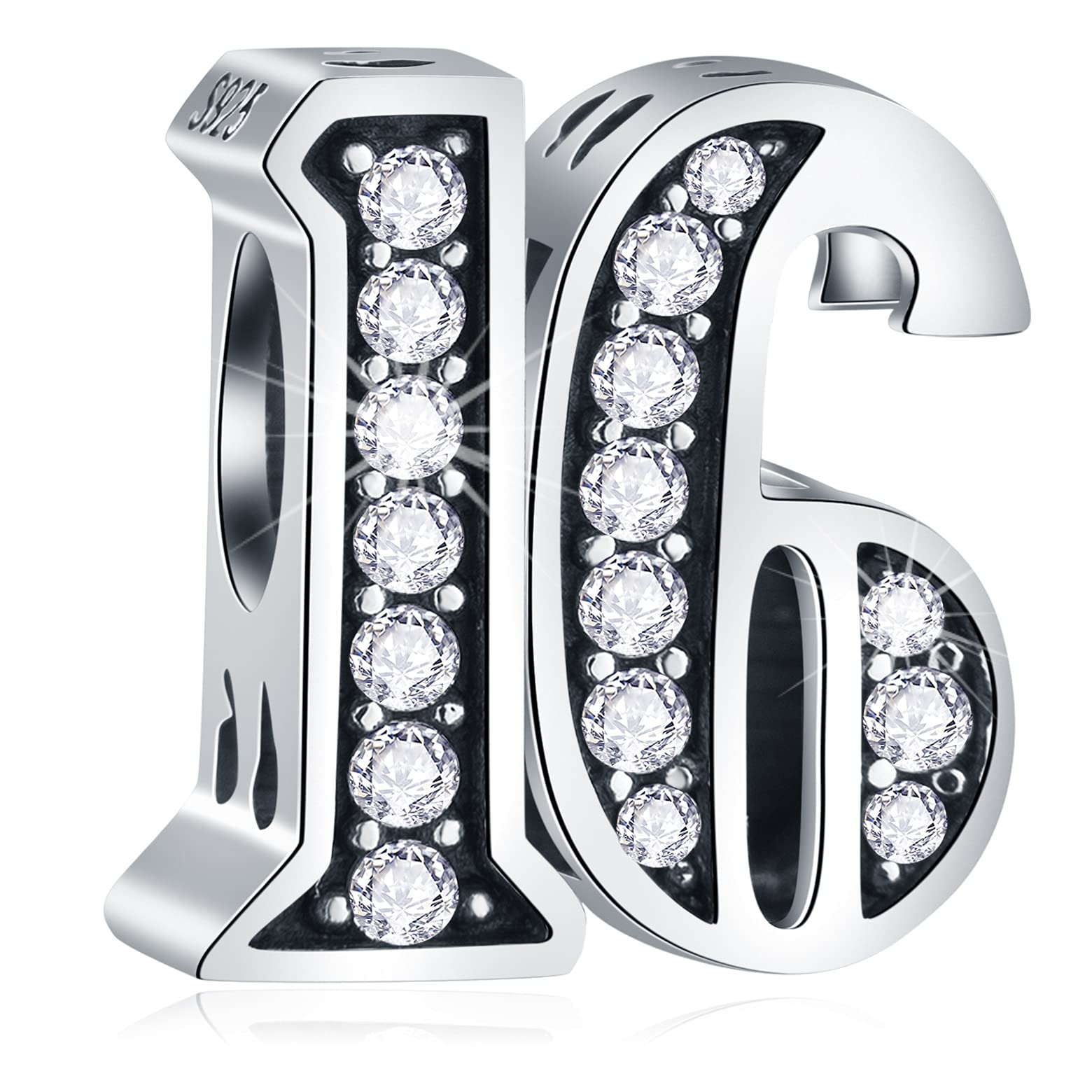 16 Birthday Charms fits Pandora Charm Bracelet, 925 Sterling Silver 16th Anniversary Beads with CZ Birthstones, Number 16 Years of Love Gifts for Best Friend/Sister/Girl