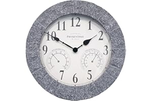 Presentime & Co Sandstone Outdoor Clock with Thermometer & Hygrometer as All in one Weather Station, 14", Gray Sandstone Finish. Weather Thermometer, Outdoor Décor, Wall Décor.