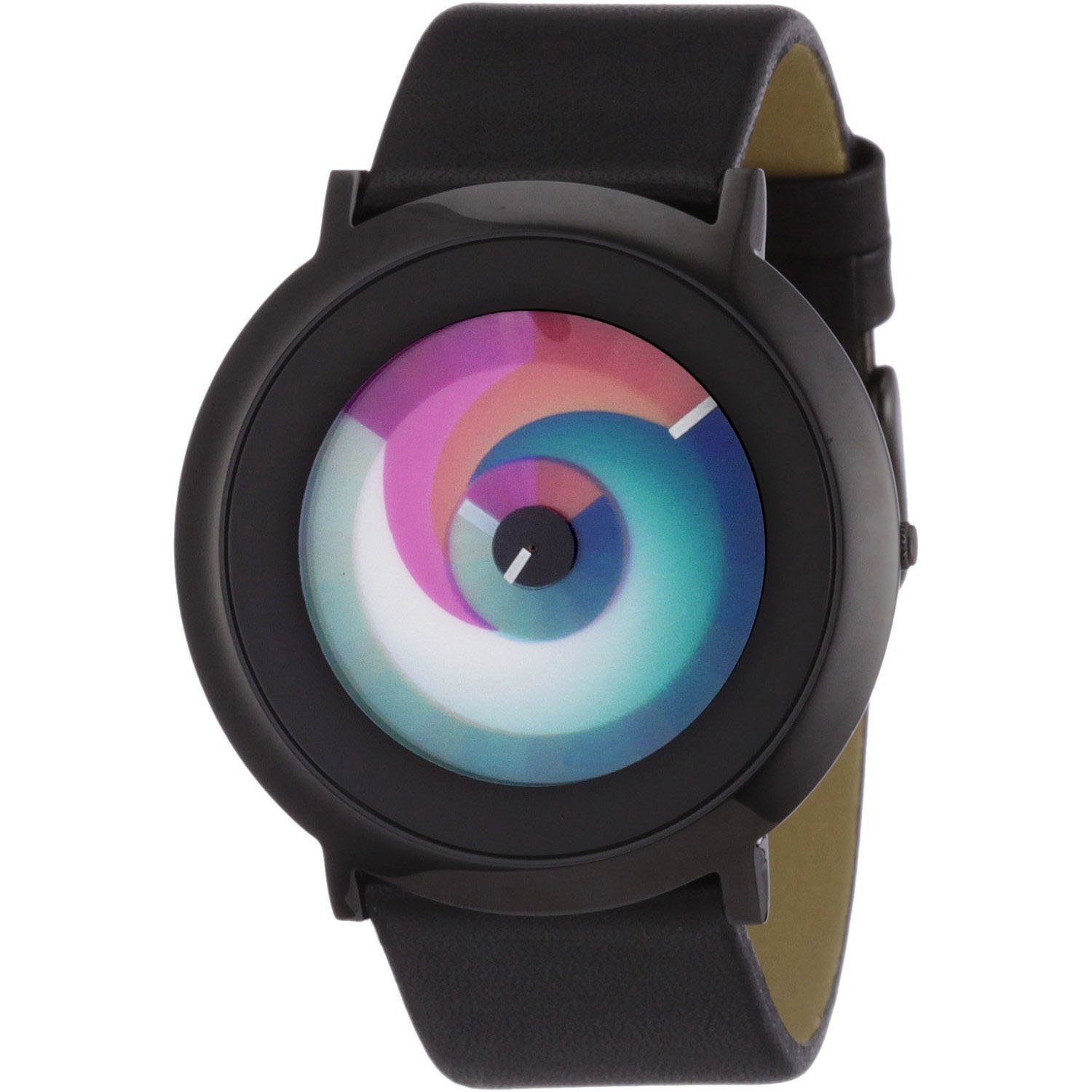 Colour Inspiration, Unisex Quartz Watch Colorchanging Series One Surprise Polished Black IP Black Coated Stainless Steel Case Black Leather Strap, Strap.