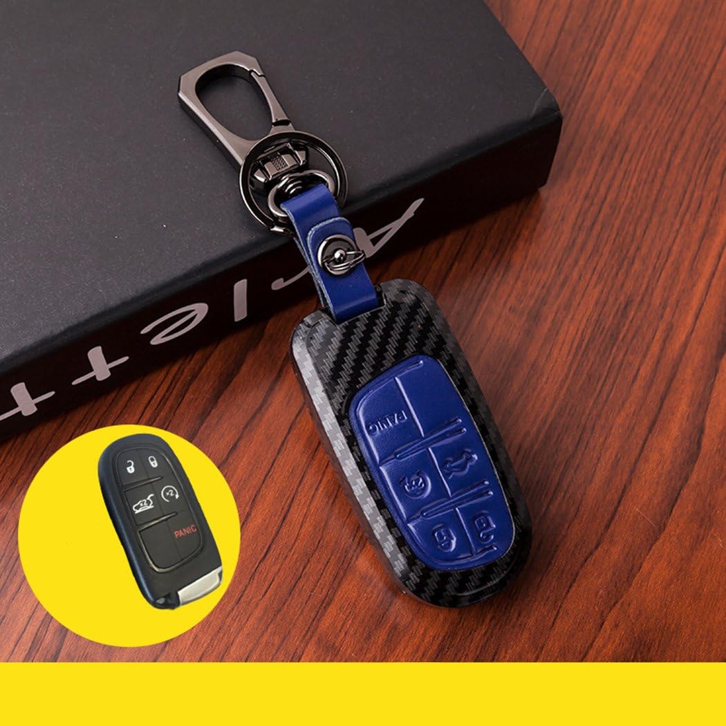 WFMJ New Blue Genuine Leather Button Paint Plastic Remote Smart 5 Buttons Key Case Cover Skin Holder for Dodge Challenger Dodge Charger Dart Durango Journey Jeep Grand Cherokee