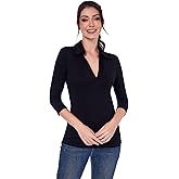 AmélieBoutik Women Collared V Neck 3/4 Sleeve Polo Shirt