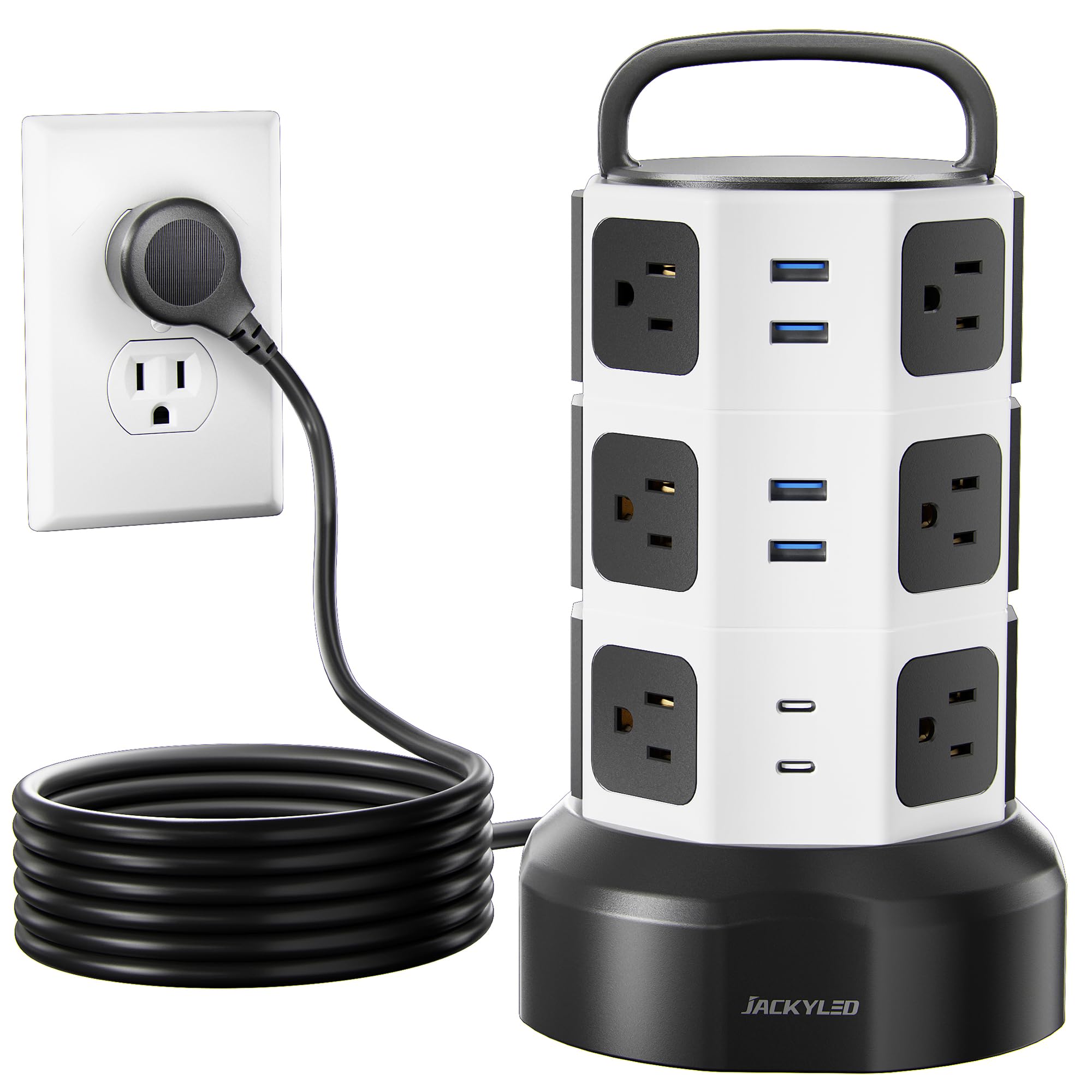Photo 1 of ?10ft? Power Strip Tower JACKYLED Surge Protector Electric Charging Station with 13A 12 Outlets 6 USB Ports Heavy Duty Extension Cord for Home Office Computer Nightstand Laptop Phone White Black
