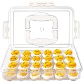 MesRosa 1 Pack Deviled Egg Containers with Lid and Hidden Durable Handle | Clear Plastic Deviled Egg Carrier Storage 24 Eggs, Stackable Egg Holder for Fridge, Portable Tray Platter for Party -White
