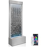LONGRUN 48" Mirror Waterfall | Indoor Water Fountain with 7-Color LED Lights | Stainless Steel Self-Contained Waterfall Fountain for Home Decor | Large Indoor Water Feature Kit Mirrored Silver
