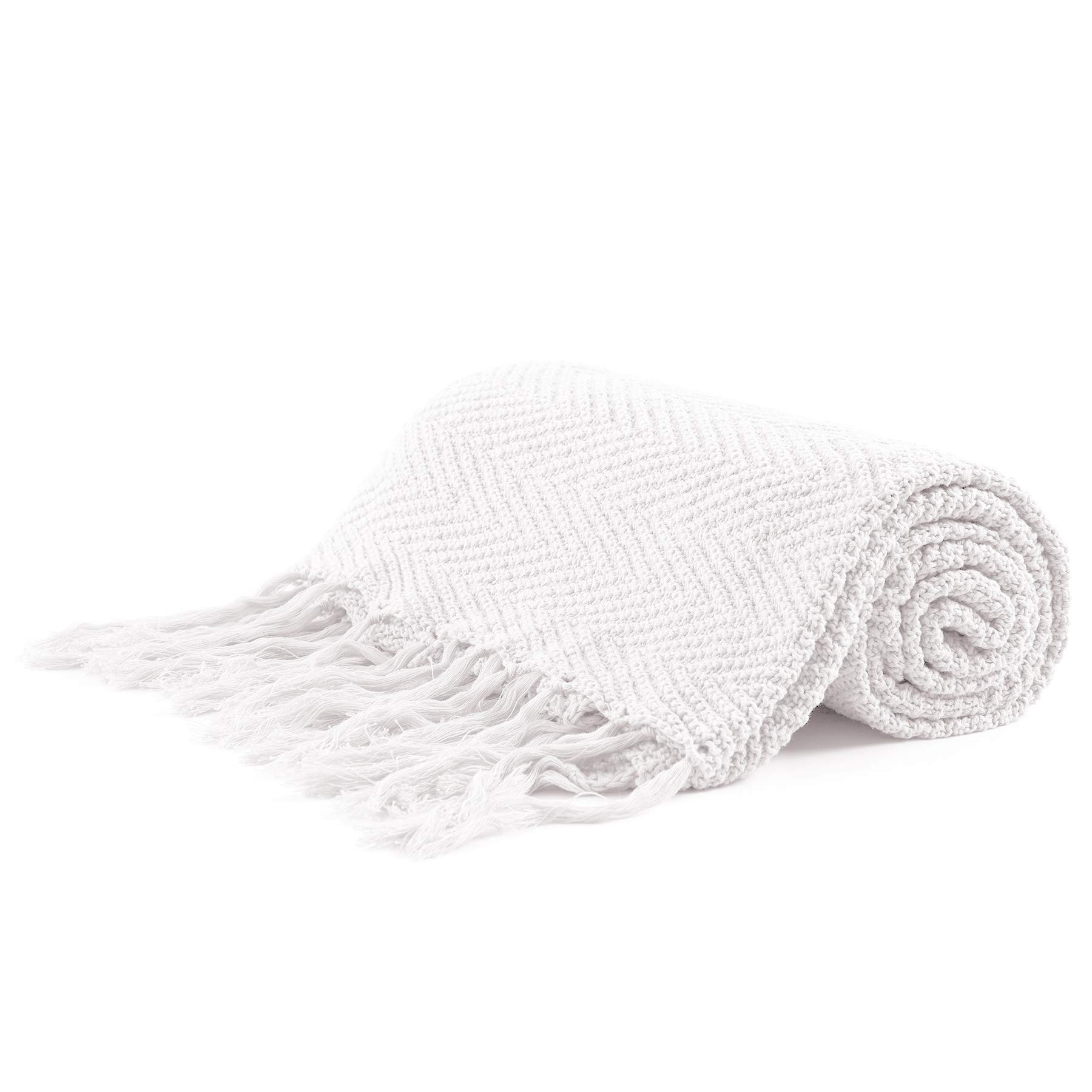 Longhui bedding White Fringe Knit Cotton Throw Blanket, 60 x 80 Inches Decorative Knitted Cover with 6 Inch Tassels, Bonus Laundry Bag – 3.85lb Weight, Couch Blankets, Pure White