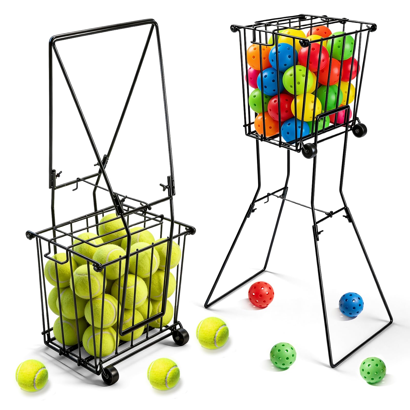 Photo 1 of ParseBio Portable Pickleball Tennis Ball Collector with Wheel, 90 Tennis Balls Capacity, Pickleball Retriever Basket Carrier Gatherer Picker Hopper Container