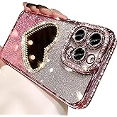 Changjia Glitter Mirror Case for iPhone 15 Pro Max,Luxury Diamond Heart Makeup Mirror Bling Sparkly Rhinestone with Camera Protector Soft Plating Bumper Women Girls Case for iPhone 15 Pro Max (Pink)