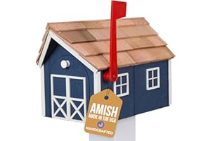 Peaceful Classics Amish Cedar Roof Wooden Mailbox with Window & Door Trim, Handcrafted Mailboxes for Outside, Post Mount Residential Mailboxes - (Navy with White Trim)