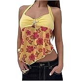 Milumia Women Y2k Ruffle Floral Halter Top Seashell Flowy Mesh Peplum Tops Going Out