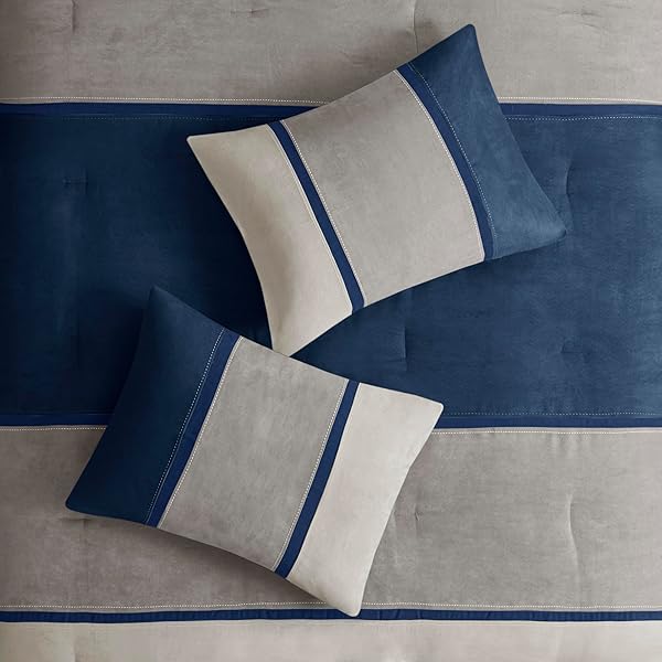 MADISON PARK PALISADES COMFORTER SET MODERN FAUX SUEDE PIECED STRIPE DESIGN, ALL SEASON DOWN ALTERNATIVE COZY BEDDING WITH MATCHING SHAMS, DECORATIVE PILLOWS, CAL KING(104″X92″), BLUE 7 PIECE