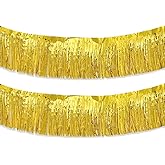 Gold Foil Fringe Garland 10FT 2packs, Metallic Foil Tinsel Fringe Banners for Parade Float Decorations Wedding, Birthday Party Graduation (Two Gold)